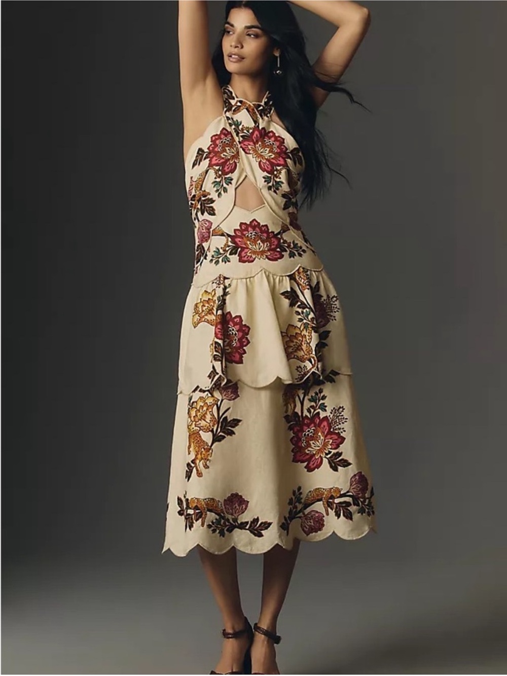 FARM Rio Leopard Flowers Sand Cutout Midi Dress - Size Medium